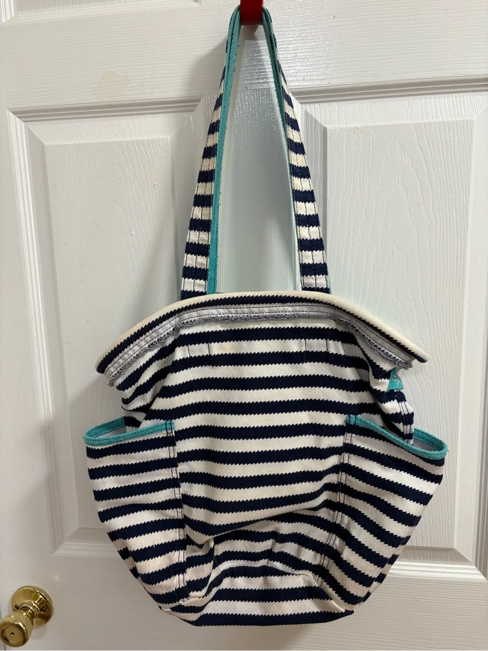 navy and white striped Thirty-One Retro Metro Canvas Tote Bag with teal straps